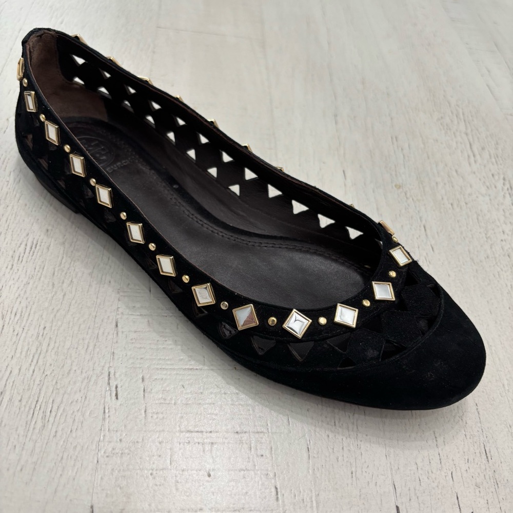 RARE Tory Burch Ballet Flats 6.5M Mirroed Cut out Studded Round Toe shoes